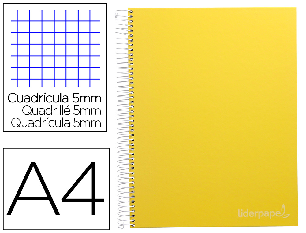 CUADERNO ESPIRAL LIDERPAPEL A4 MICRO JOLLY TAPA FORRADA 140H 75GR CUADRO 5MM 5 BANDAS 4 TALADROS COLOR AMARILLO