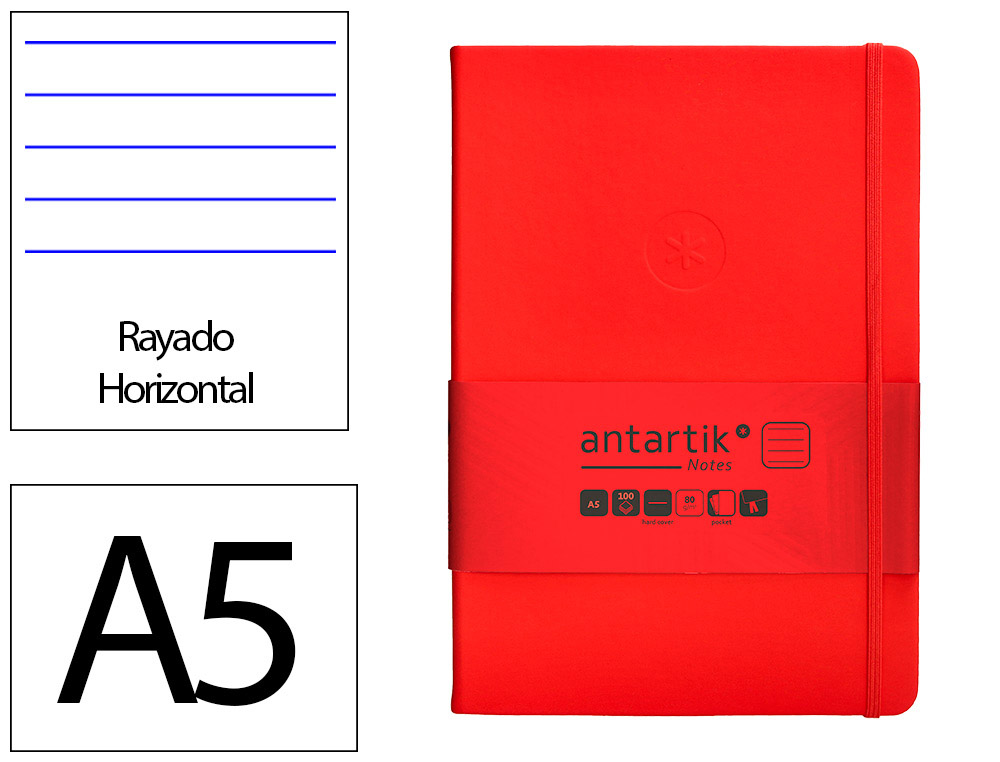 CUADERNO CON GOMILLA ANTARTIK NOTES TAPA DURA A5 HOJAS RAYAS ROJO 100 HOJAS 80 GR FSC