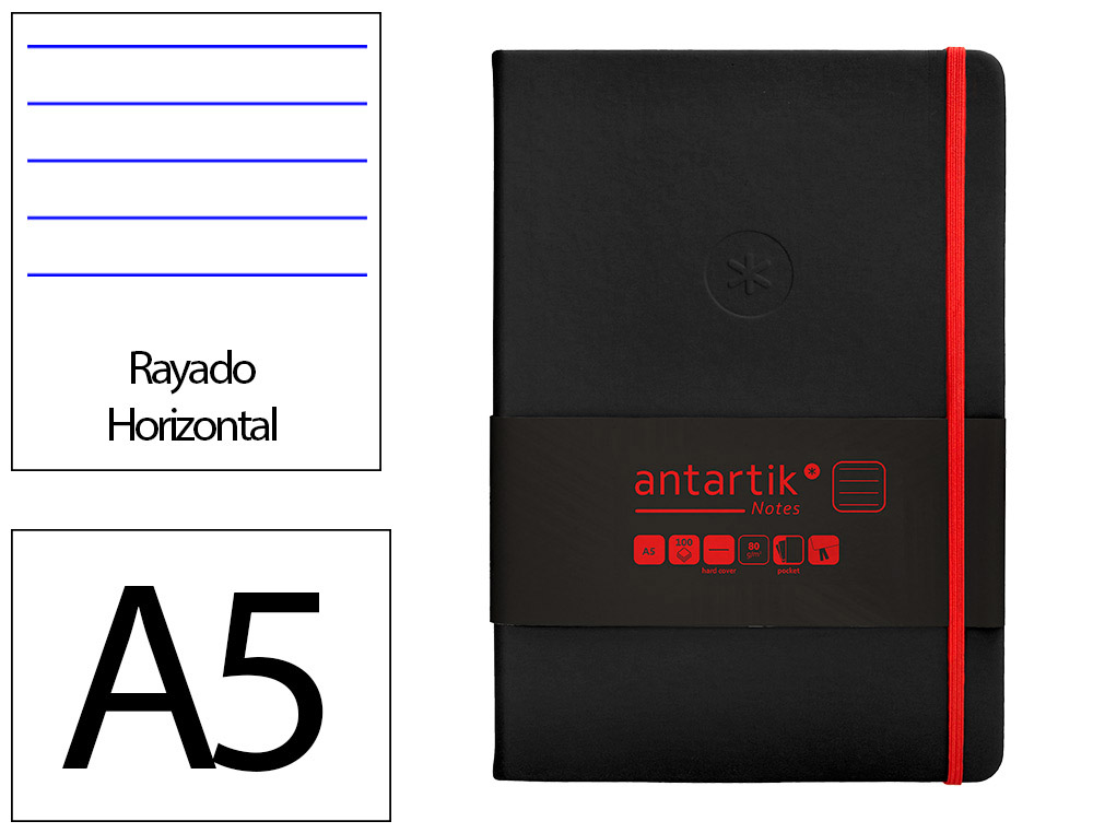 CUADERNO CON GOMILLA ANTARTIK NOTES TAPA DURA A5 HOJAS RAYAS NEGRO Y ROJO 100 HOJAS 80 GR FSC