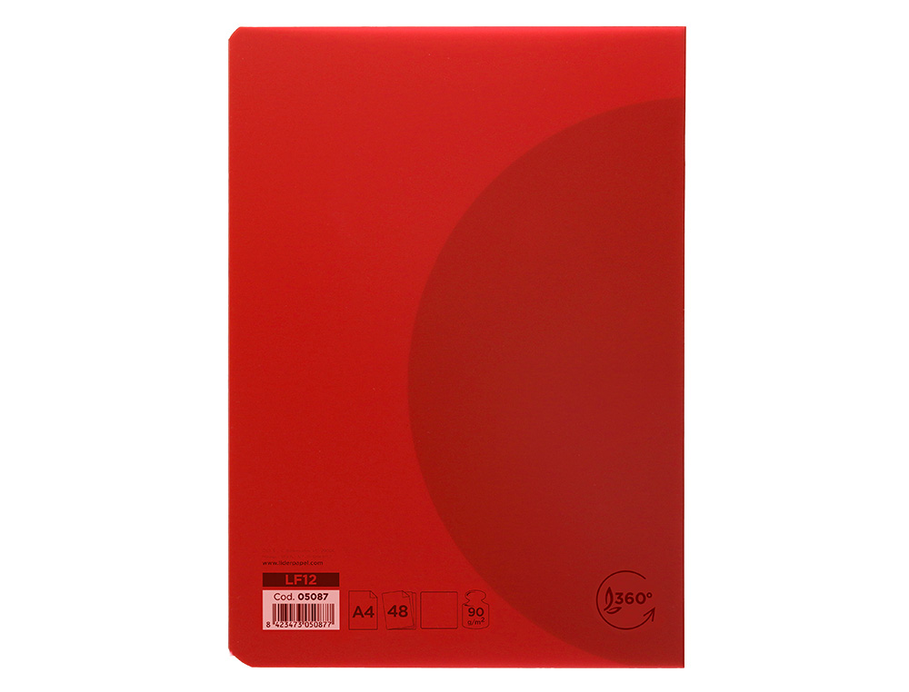 LIBRETA LIDERPAPEL 360 TAPA DE PLASTICO A4 48 HOJAS 90G/M2 LISA SIN MARGEN COLORES SURTIDOS