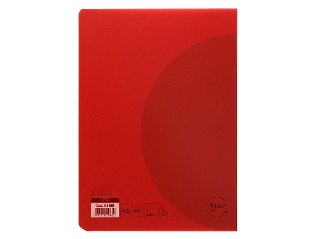 LIBRETA LIDERPAPEL 360 TAPA DE PLASTICO A5 48 HOJAS 90G/M2 PAUTA 4 3,5MM CON MARGEN COLORES SURTIDOS