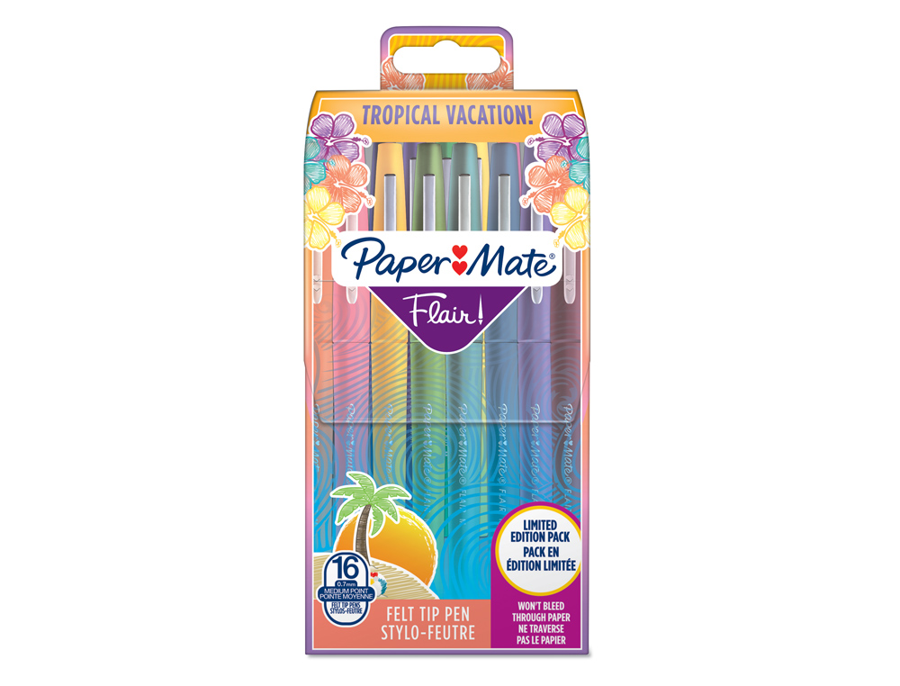 ROTULADOR PAPER MATE FLAIR ORIGINAL PUNTA FIBRA TROPICAL ESTUCHE RIGIDO DE 16 UNIDADES COLORES SURTIDOS
