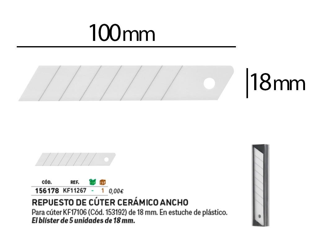 REPUESTO CUTER Q-CONNECT ANCHO PARA MODELOS KF17106/KF14387 CUCHILLA CERAMICA 18 MM BLISTER 5 UNIDADES