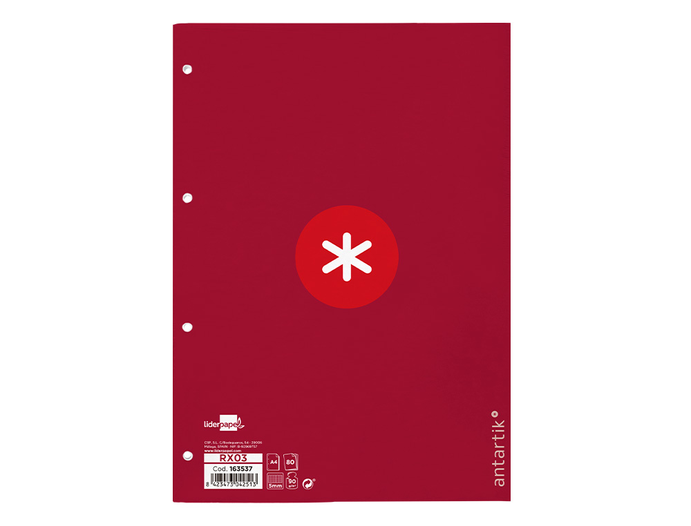 RECAMBIO A4 ANTARTIK 80 HOJAS 90G/M2 CUADRO 5 MM 4 TALADROS 1 BANDA MARCO COLOR FRAMBUESA