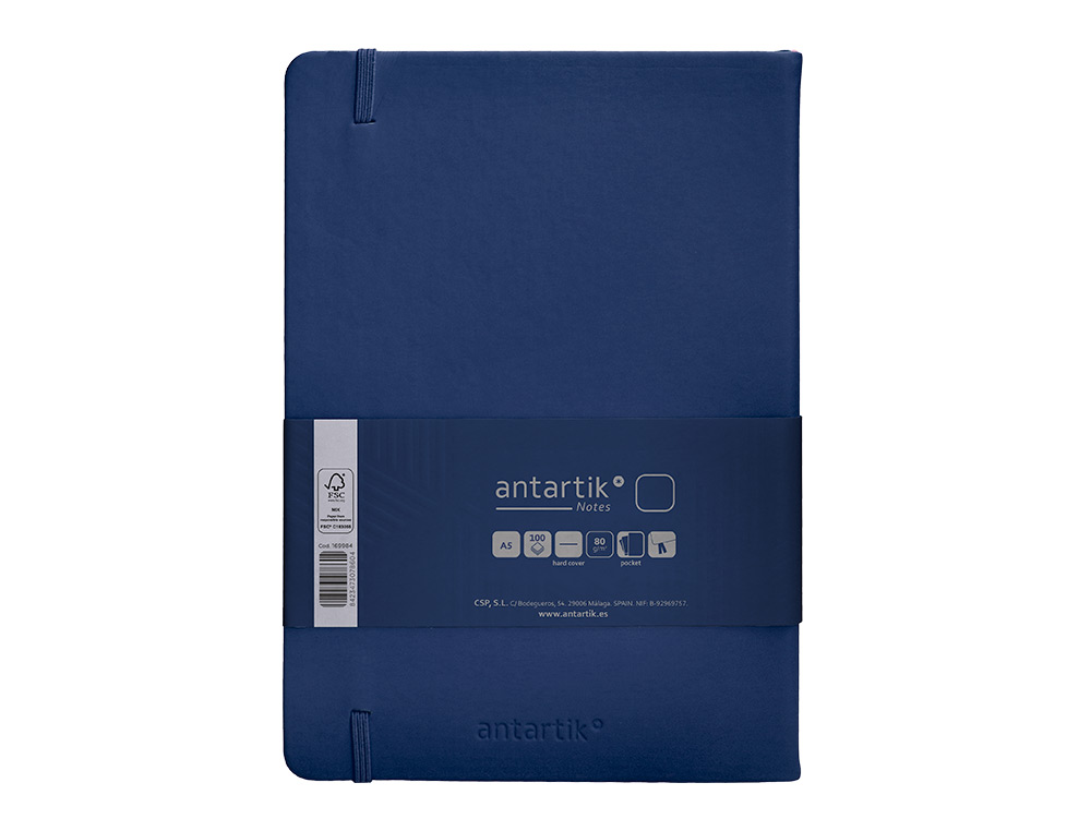 CUADERNO CON GOMILLA ANTARTIK NOTES TAPA DURA A5 HOJAS LISAS AZUL MARINO 100 HOJAS 80 GR FSC