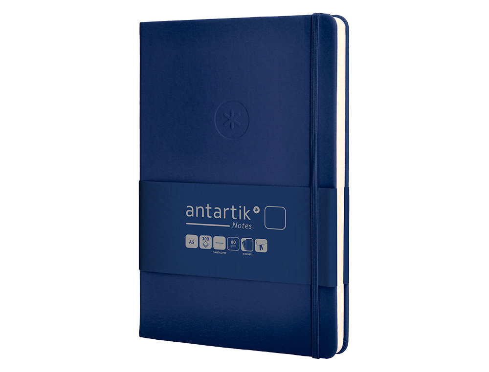 CUADERNO CON GOMILLA ANTARTIK NOTES TAPA DURA A5 HOJAS LISAS AZUL MARINO 100 HOJAS 80 GR FSC