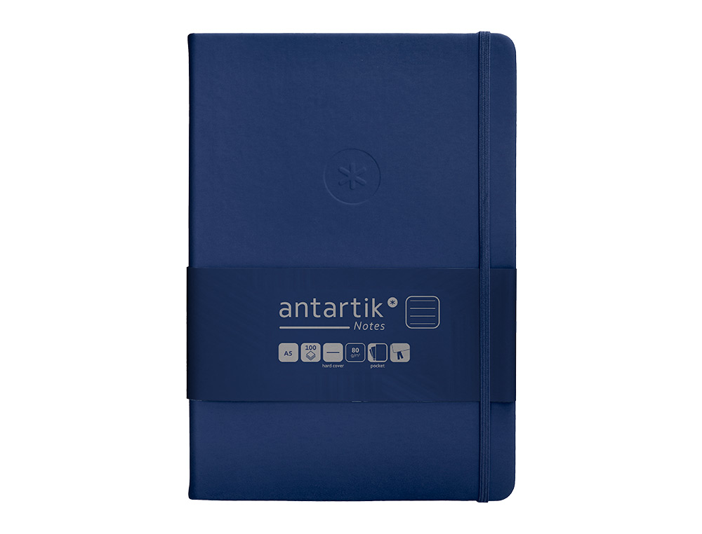 CUADERNO CON GOMILLA ANTARTIK NOTES TAPA DURA A5 HOJAS RAYAS AZUL MARINO 100 HOJAS 80 GR FSC