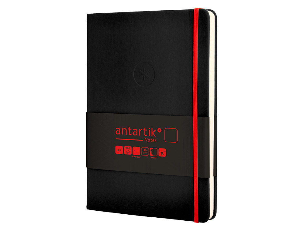 CUADERNO CON GOMILLA ANTARTIK NOTES TAPA DURA A5 HOJAS LISAS NEGRO Y ROJO 100 HOJAS 80 GR FSC