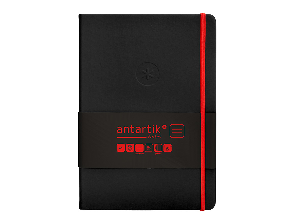 CUADERNO CON GOMILLA ANTARTIK NOTES TAPA DURA A5 HOJAS RAYAS NEGRO Y ROJO 100 HOJAS 80 GR FSC