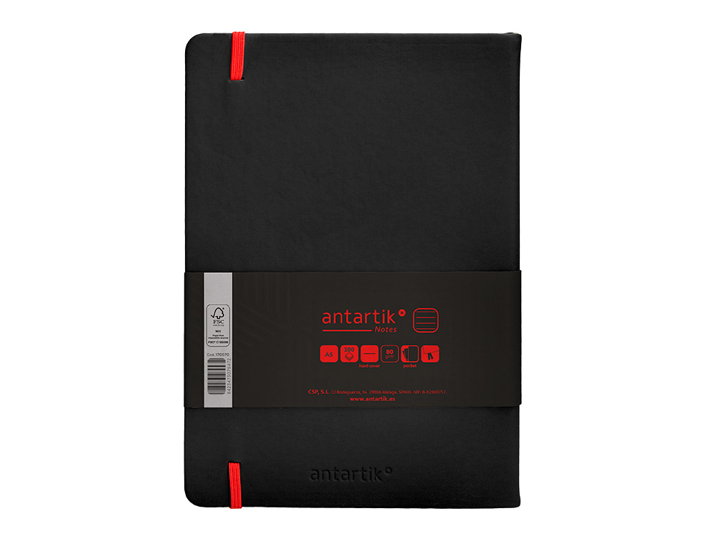 CUADERNO CON GOMILLA ANTARTIK NOTES TAPA DURA A5 HOJAS RAYAS NEGRO Y ROJO 100 HOJAS 80 GR FSC