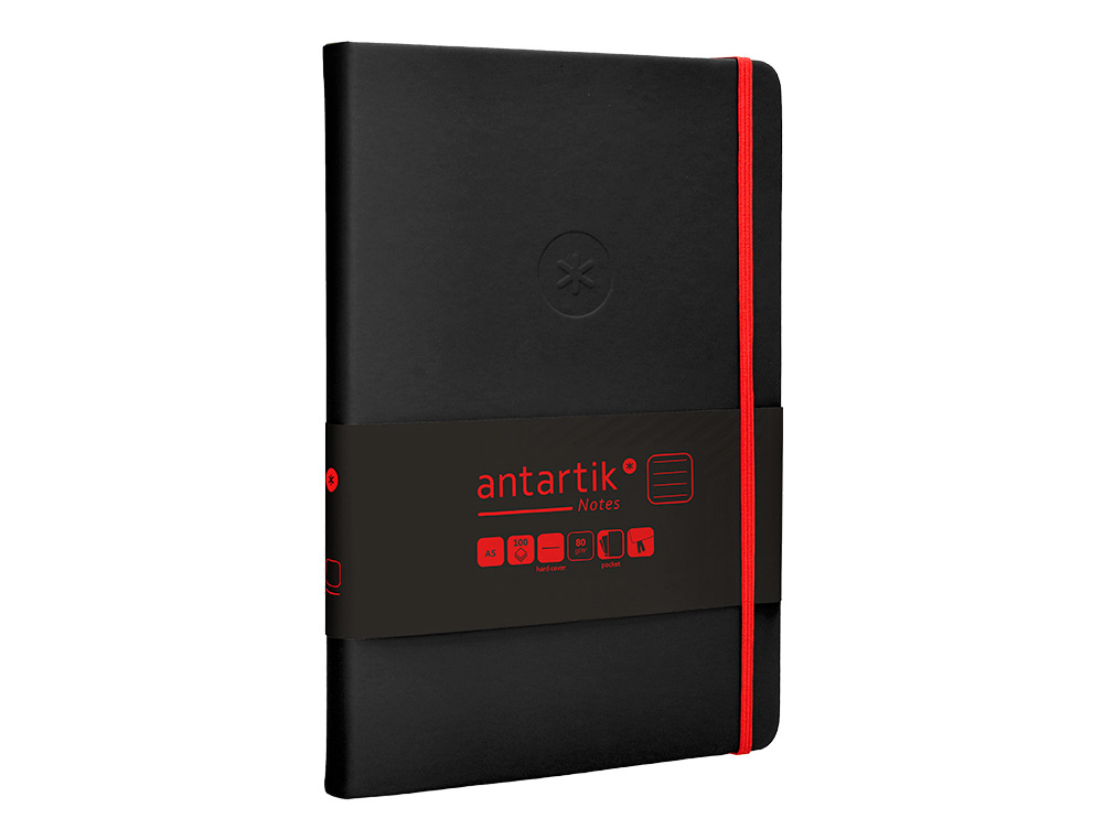 CUADERNO CON GOMILLA ANTARTIK NOTES TAPA DURA A5 HOJAS RAYAS NEGRO Y ROJO 100 HOJAS 80 GR FSC