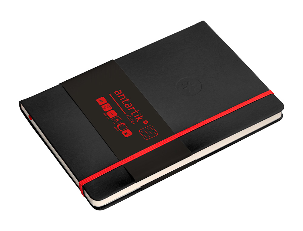 CUADERNO CON GOMILLA ANTARTIK NOTES TAPA DURA A5 HOJAS RAYAS NEGRO Y ROJO 100 HOJAS 80 GR FSC