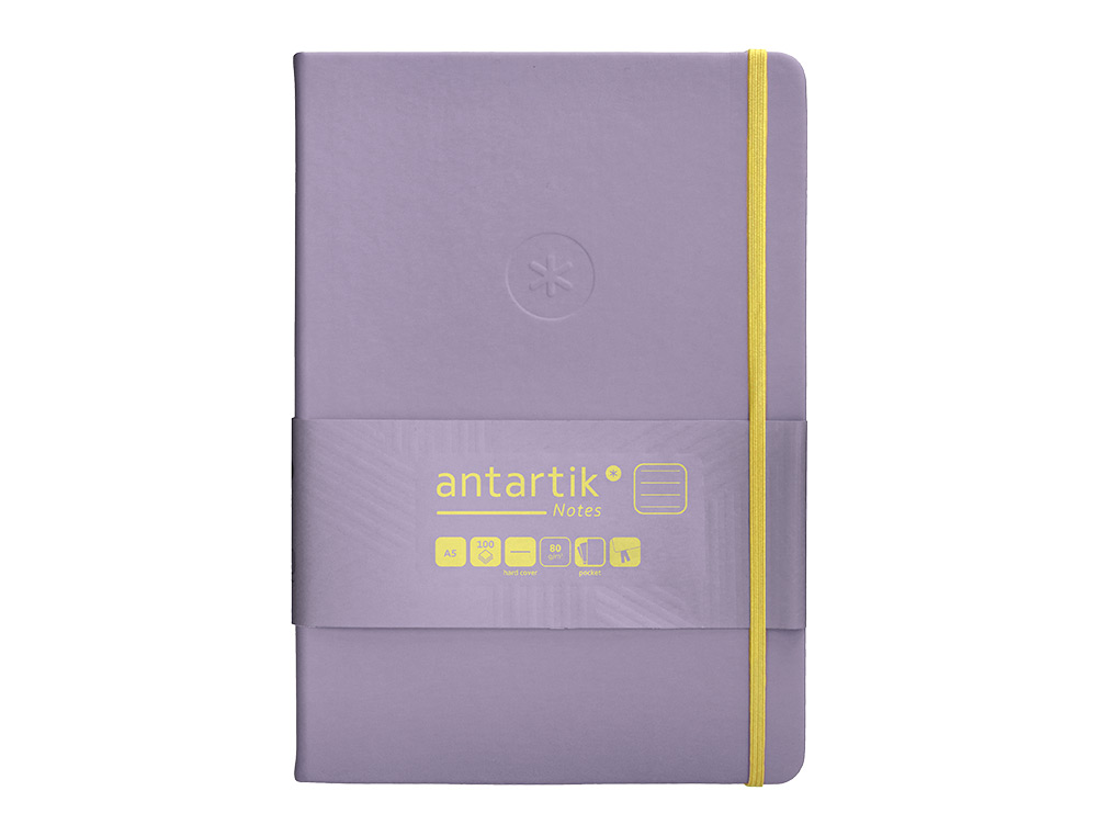 CUADERNO CON GOMILLA ANTARTIK NOTES TAPA DURA A5 HOJAS RAYAS MORADO Y AMARILLO 100 HOJAS 80 GR FSC