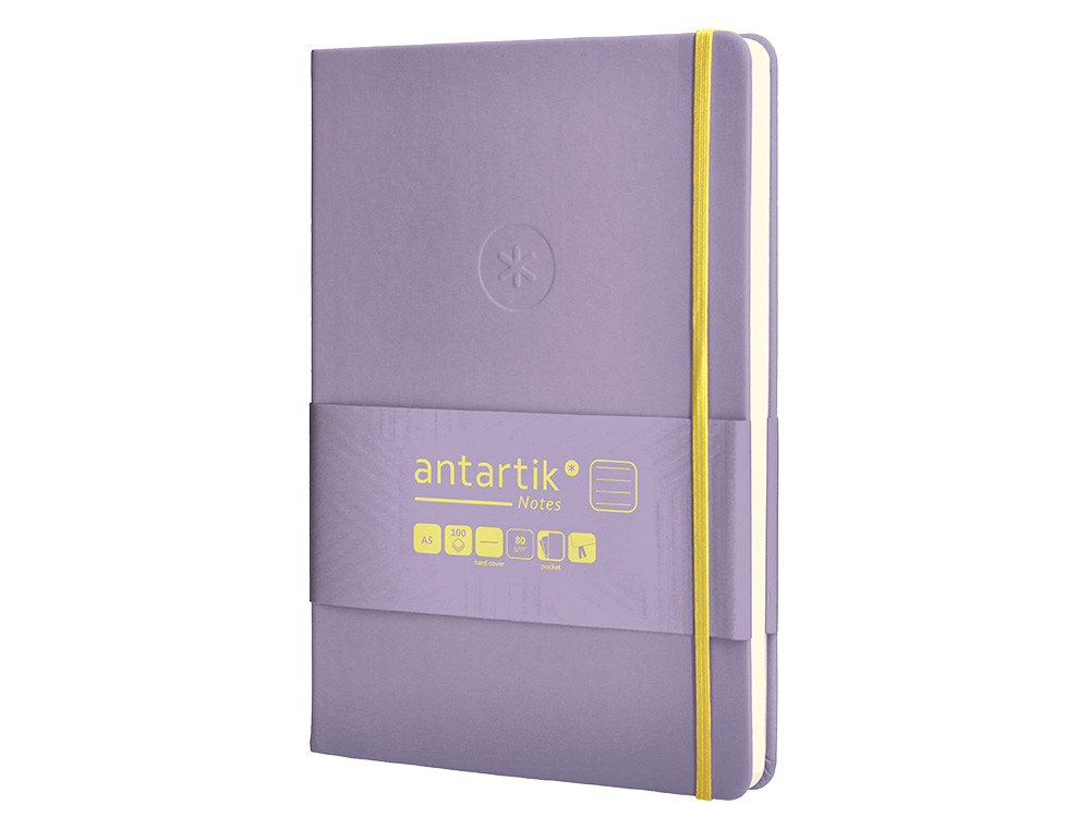 CUADERNO CON GOMILLA ANTARTIK NOTES TAPA DURA A5 HOJAS RAYAS MORADO Y AMARILLO 100 HOJAS 80 GR FSC
