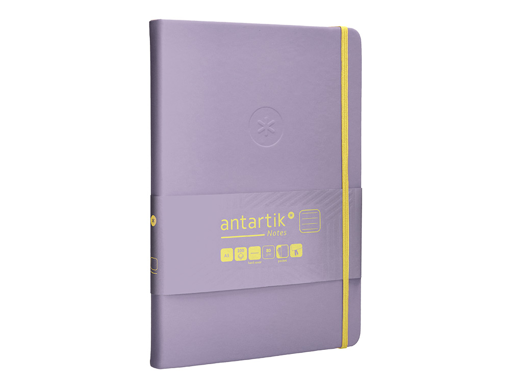 CUADERNO CON GOMILLA ANTARTIK NOTES TAPA DURA A5 HOJAS RAYAS MORADO Y AMARILLO 100 HOJAS 80 GR FSC