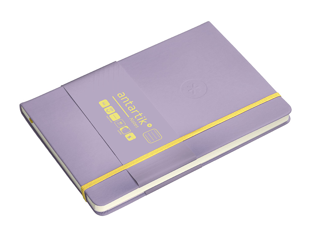 CUADERNO CON GOMILLA ANTARTIK NOTES TAPA DURA A5 HOJAS RAYAS MORADO Y AMARILLO 100 HOJAS 80 GR FSC
