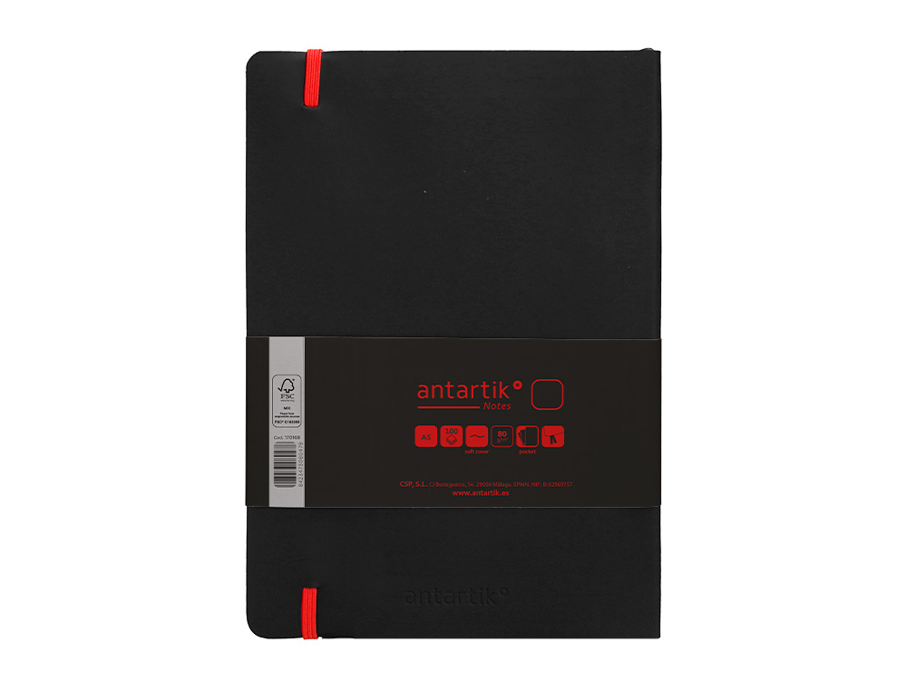 CUADERNO CON GOMILLA ANTARTIK NOTES TAPA BLANDA A5 HOJAS LISAS NEGRO Y ROJO 80 HOJAS 80 GR FSC