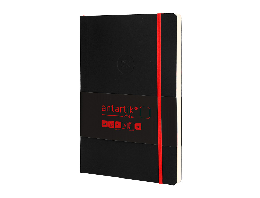 CUADERNO CON GOMILLA ANTARTIK NOTES TAPA BLANDA A5 HOJAS LISAS NEGRO Y ROJO 80 HOJAS 80 GR FSC