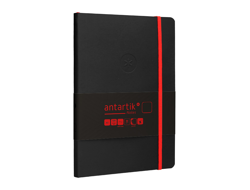 CUADERNO CON GOMILLA ANTARTIK NOTES TAPA BLANDA A5 HOJAS LISAS NEGRO Y ROJO 80 HOJAS 80 GR FSC