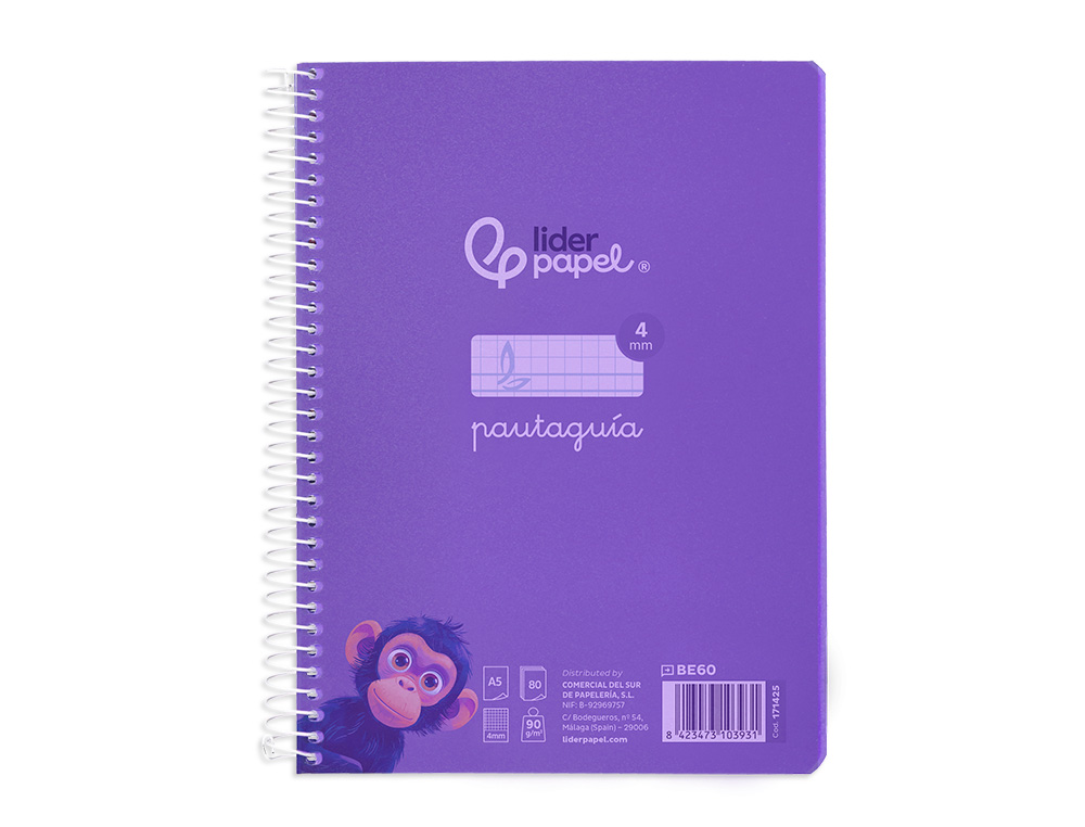 CUADERNO ESPIRAL LIDERPAPEL A5 PAUTAGUIA TAPA PLASTICO 80H 90GR CUADRO PAUTADO 4 MM CON MARGEN COLOR LILA