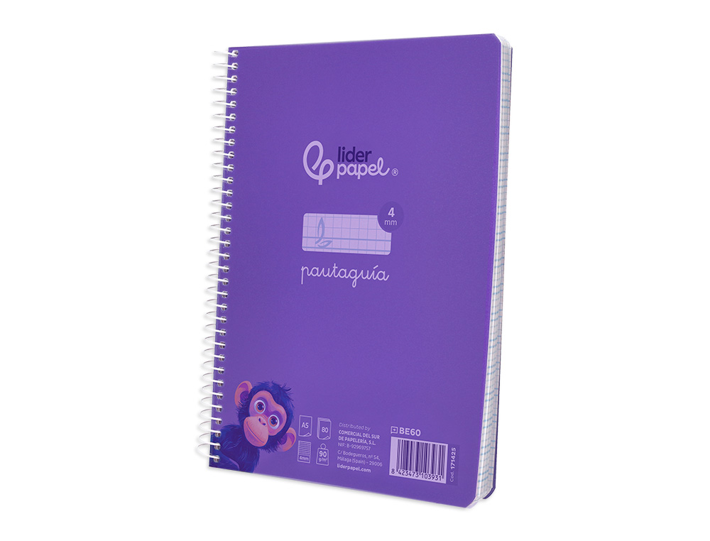 CUADERNO ESPIRAL LIDERPAPEL A5 PAUTAGUIA TAPA PLASTICO 80H 90GR CUADRO PAUTADO 4 MM CON MARGEN COLOR LILA