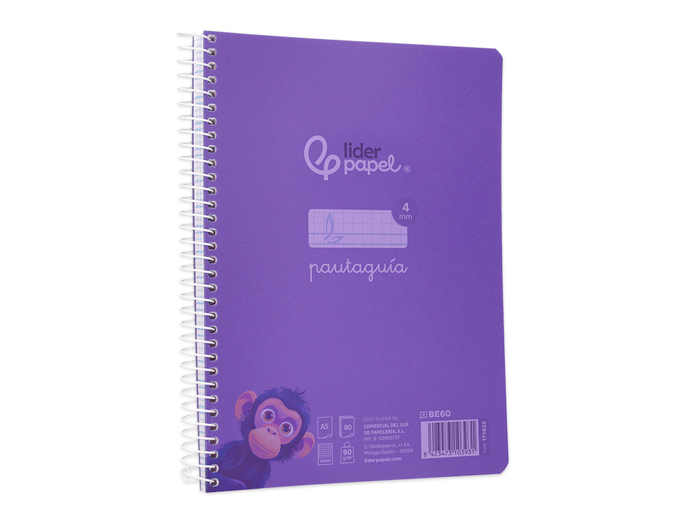 CUADERNO ESPIRAL LIDERPAPEL A5 PAUTAGUIA TAPA PLASTICO 80H 90GR CUADRO PAUTADO 4 MM CON MARGEN COLOR LILA