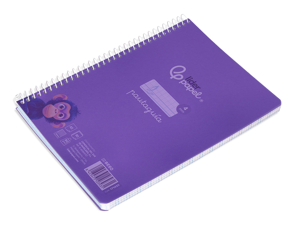 CUADERNO ESPIRAL LIDERPAPEL A5 PAUTAGUIA TAPA PLASTICO 80H 90GR CUADRO PAUTADO 4 MM CON MARGEN COLOR LILA
