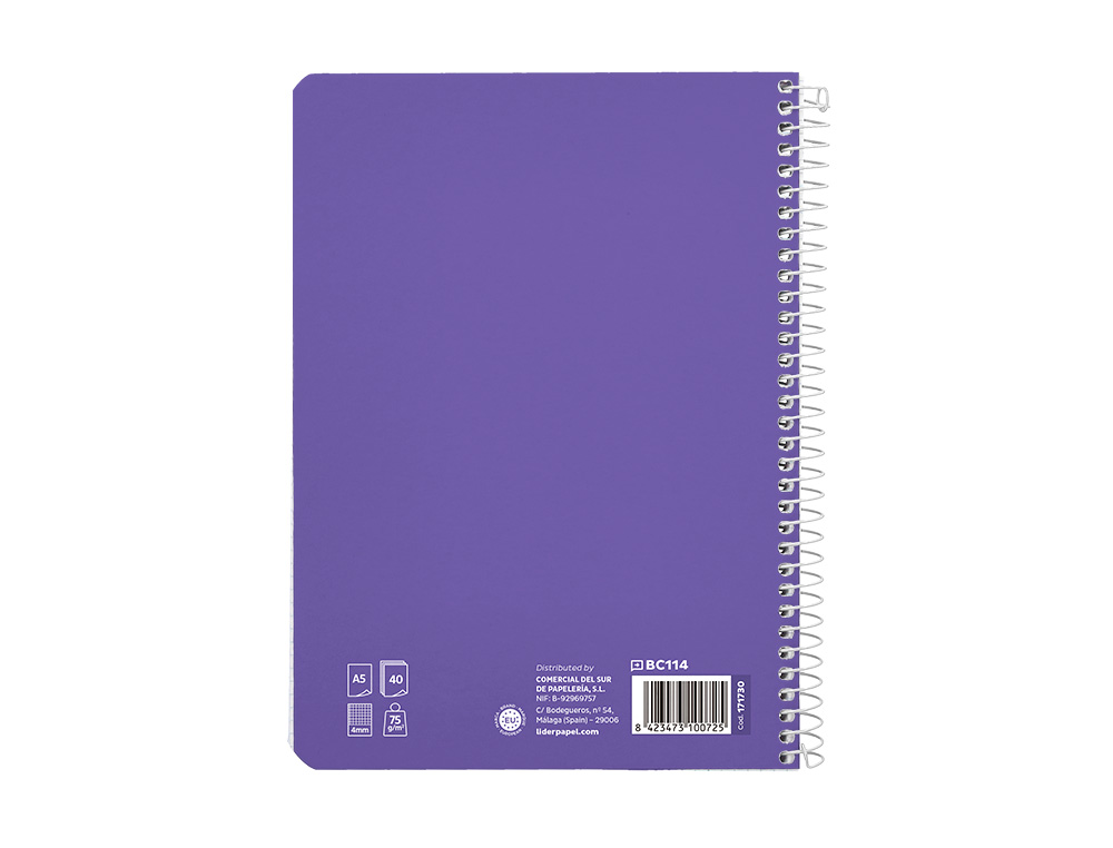 CUADERNO ESPIRAL LIDERPAPEL A5 PAUTAGUIA TAPA BLANDA 40H 75 GR CUADRO PAUTADO 4MM COLOR LILA