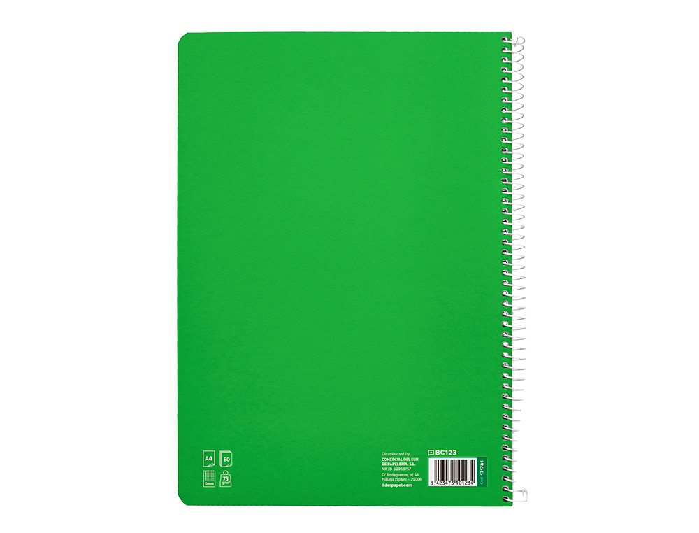 CUADERNO ESPIRAL LIDERPAPEL A4 PAUTAGUIA TAPA BLANDA 80H 75 GR CUADRO PAUTADO 5MM COLOR VERDE