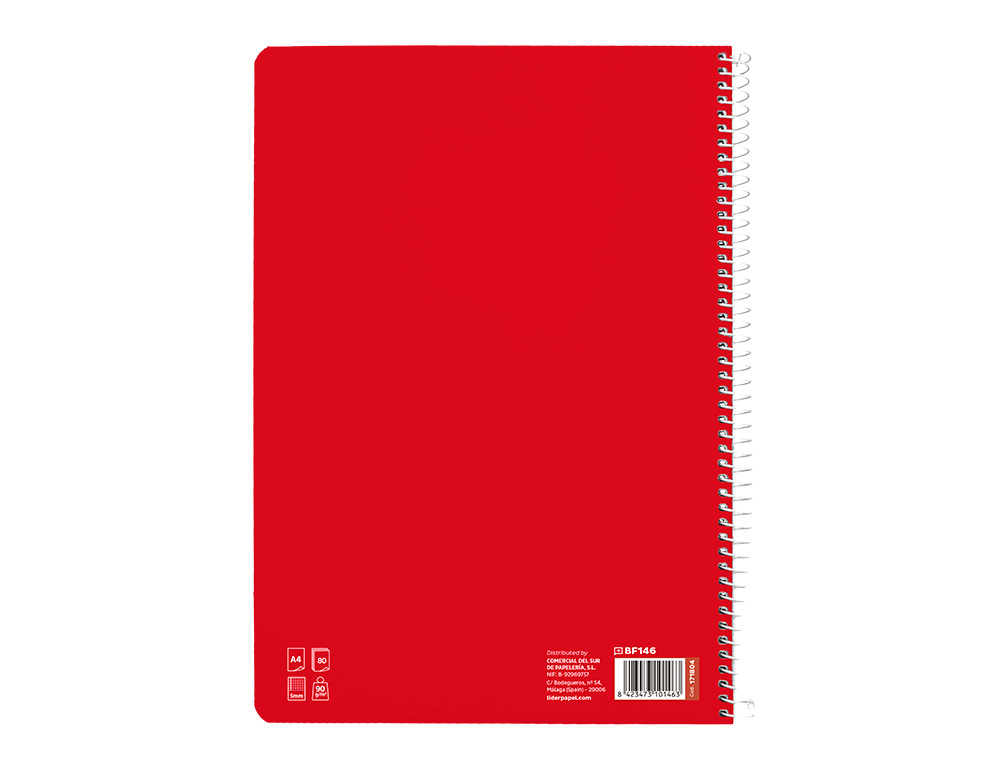 CUADERNO ESPIRAL LIDERPAPEL DIN A4 PAUTAGUIA TAPA DURA 80H 90GR CUADRO PAUTADO 5MM COLOR ROJO