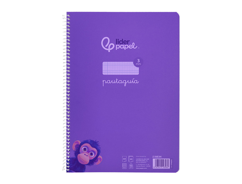CUADERNO ESPIRAL LIDERPAPEL A4 PAUTAGUIA TAPA PLASTICO 80H 90GR CUADRO PAUTADO 3 MM CON MARGEN COLOR LILA