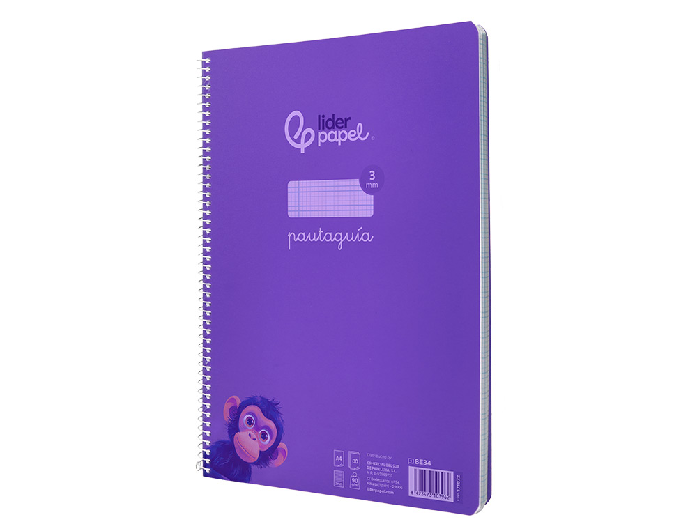 CUADERNO ESPIRAL LIDERPAPEL A4 PAUTAGUIA TAPA PLASTICO 80H 90GR CUADRO PAUTADO 3 MM CON MARGEN COLOR LILA