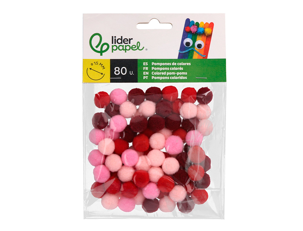 POMPONES DE COLORES LIDERPAPEL 1,5 CM TONALIDADES ROJAS BOLSA CON 80 UNIDADES
