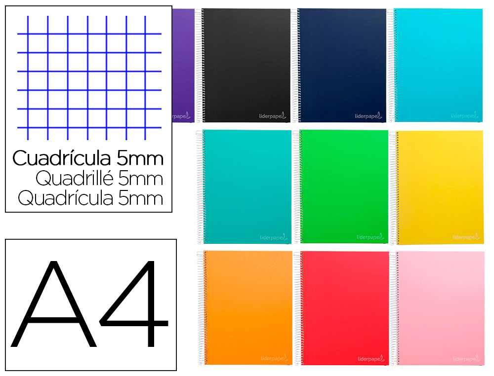 CUADERNO ESPIRAL LIDERPAPEL A4 MICRO JOLLY TAPA FORRADA 140H 75GR CUADRO 5MM 5 BANDAS 4 TALADROS COLORES SURTIDOS