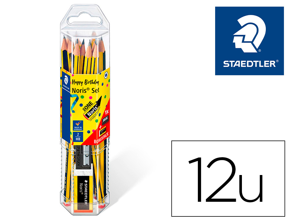 LAPICES DE GRAFITO STAEDTLER NORIS N.2 HB BLISTER PROMOCIONAL 120 ANIVERSARIO DE12 UDS + AFILALAPIZ + GOMA