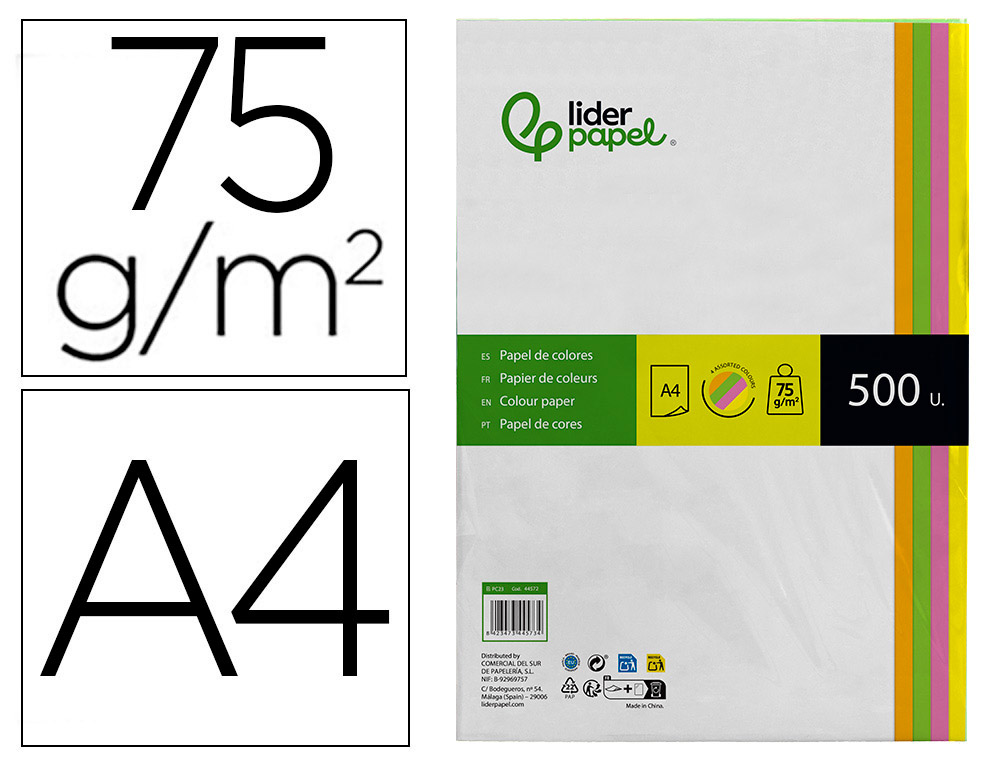 PAPEL COLOR LIDERPAPEL A4 75GR NEON 4 COLORES SURTIDOS PAQUETE DE 500 HOJAS