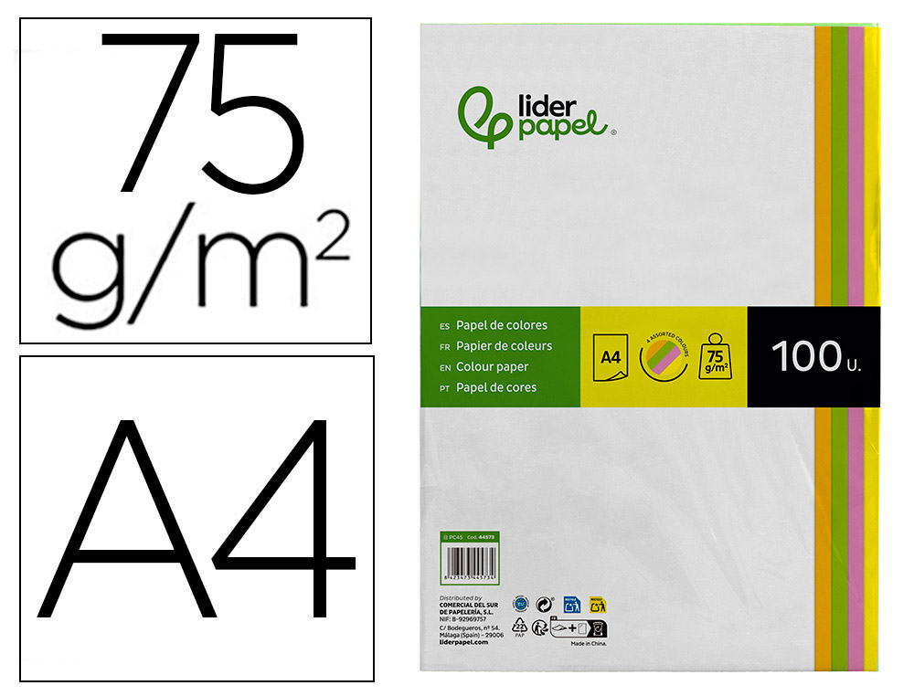 PAPEL COLOR LIDERPAPEL A4 75GR NEON 4 COLORES SURTIDOS PAQUETE DE 100 HOJAS